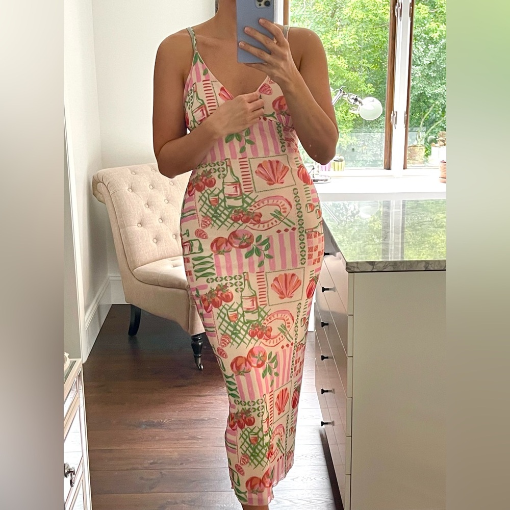 New! Floral Pink Midi Tight Dress, Stretchy Material with Thin Straps size L
